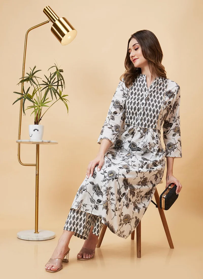 جلو باص Globus Women Floral Printed Mandarin Collar Gotta Patti Pure Cotton Kurta With Trousers Festive Set